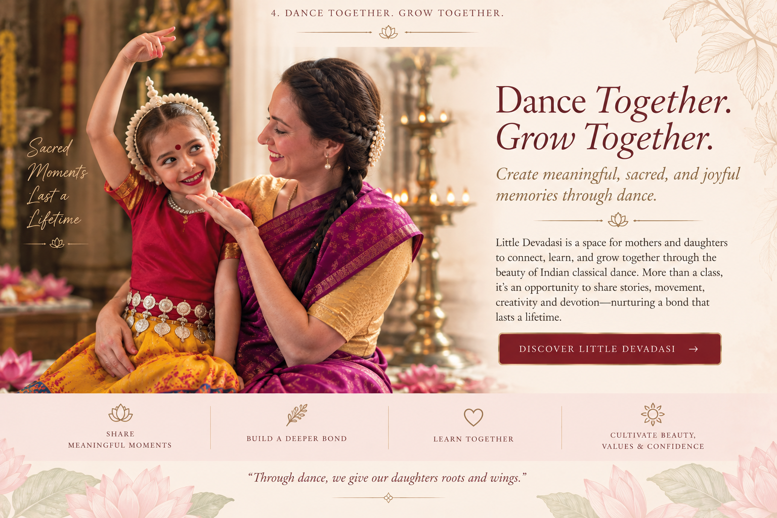 Mother and daughter smiling together in Indian classical dance attire inside a temple-inspired setting.